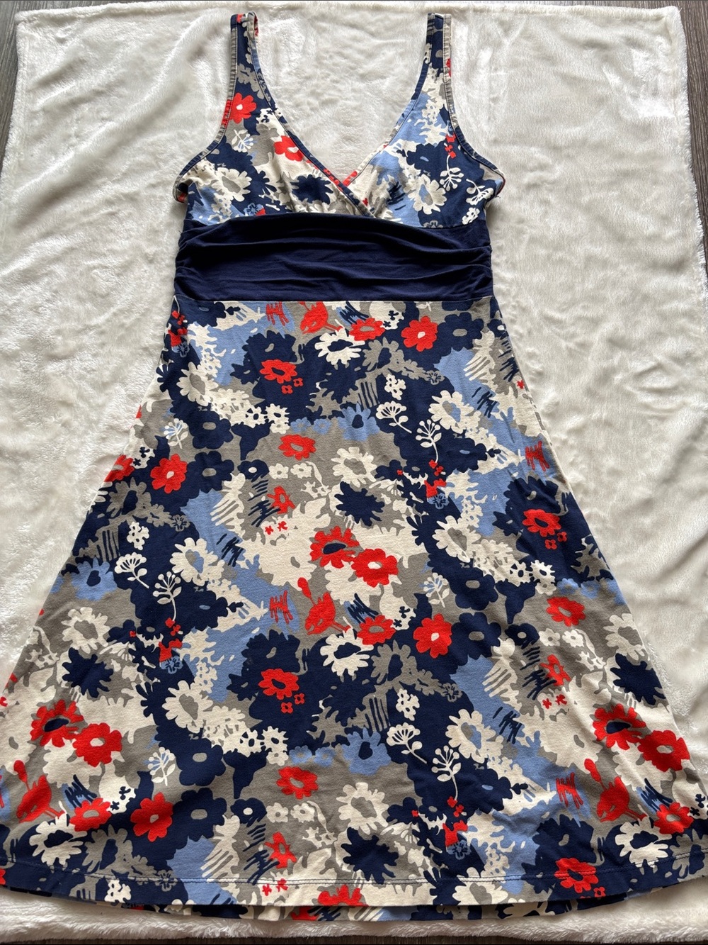Patagonia Navy Floral Midi Dress with Red & Cream Blooms